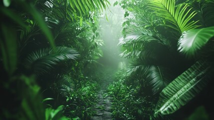Lush jungle pathway surrounded by vibrant green foliage and mist.
