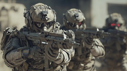 Fototapeta premium Futuristic Warfare Concept - Soldiers in Advanced Gear Navigate War-Torn Landscape | Ultra-Detailed 3D Render
