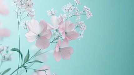 Fototapeta premium Delicate Pink Flowers on a Teal Background