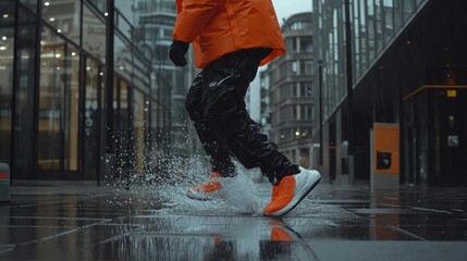 A person in an orange jacket and black pants jumps in a puddle on a wet city street, creating a splash.