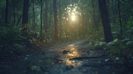 Obraz premium A serene forest path illuminated by sunlight through raindrops.