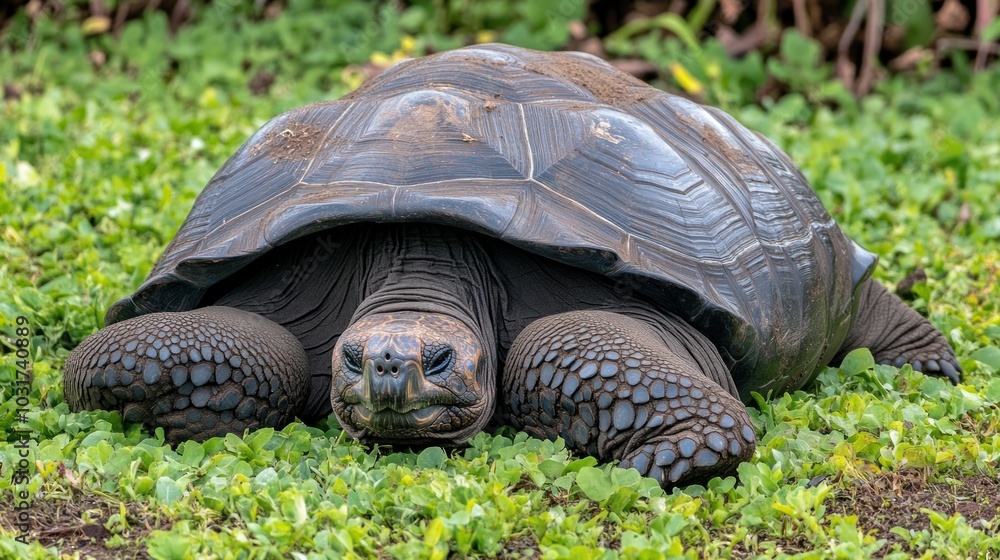 Poster a large tortoise resting on green grass, showcasing its textured shell and calm demeanor.