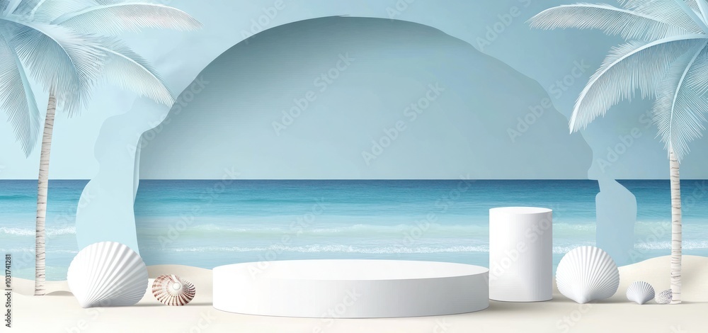Poster a serene beach scene with a minimalist display platform and decorative shells.