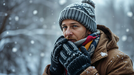 Fototapeta premium Man Enjoying Snowy Winter Day in Warm Clothing