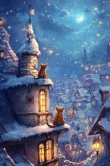 Two cats sit on snowy rooftops, gazing at a starry night in a quaint village.