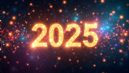 golden glittering 2025 text on dark festive background, greeting card, christmas and new year celebration,