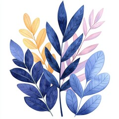 Watercolor Blue  Yellow  and Pink Leaves Branch Illustration   Isolated PNG