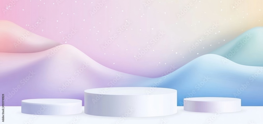 Poster abstract scene with three podiums against a soft gradient landscape background.