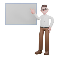 3D Illustration of Professional Male Sociologist. A male sociologist is standing while pointing at a whiteboard on his right. Social Research Model