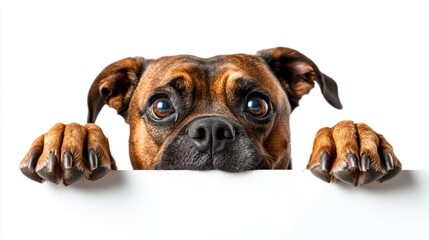 Obraz premium A curious dog peeks over a white surface, showcasing its expressive eyes and paws.