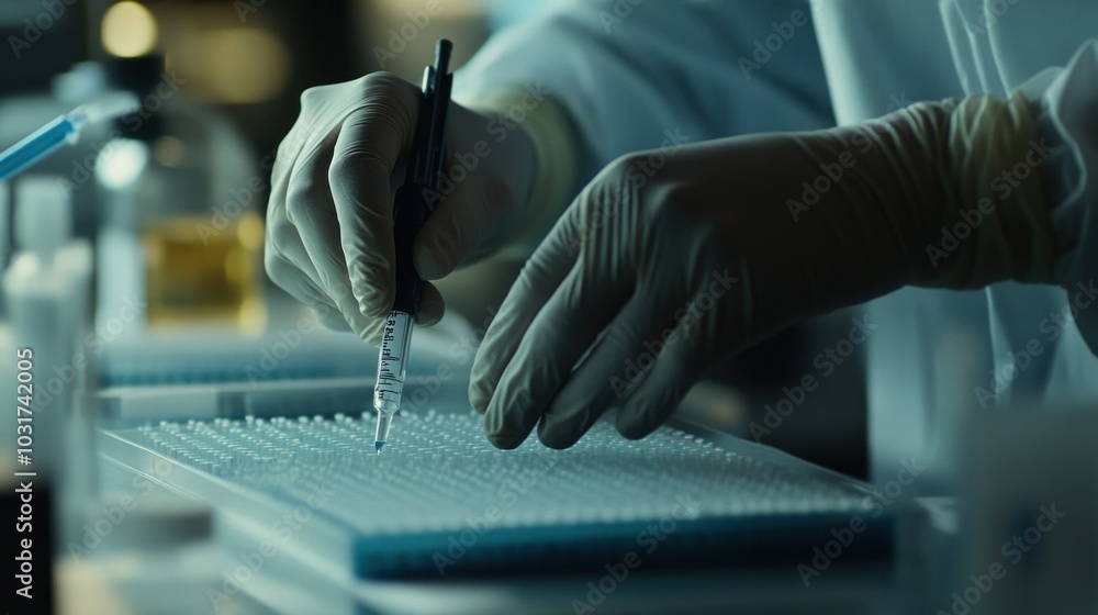 Poster gloved hands using a pipette to fill a multi-well plate