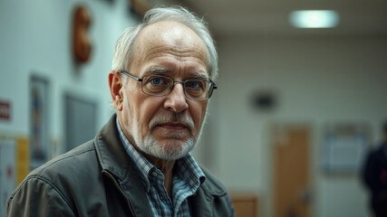Elderly Man Sitting Alone In Dimly Lit Public Space