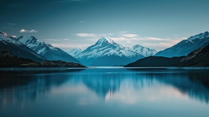 Naklejka premium Serene mountain lake with reflections and boats, surrounded by forested peaks during sunset.
