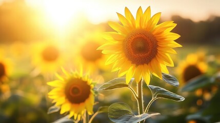 Fototapeta premium A vibrant sunflower in a field, illuminated by warm sunlight during a serene evening.