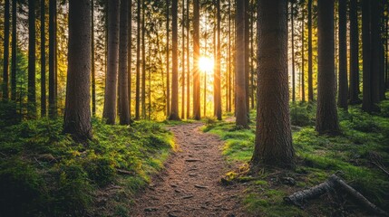 Obraz premium A serene forest path illuminated by sunlight filtering through tall trees.