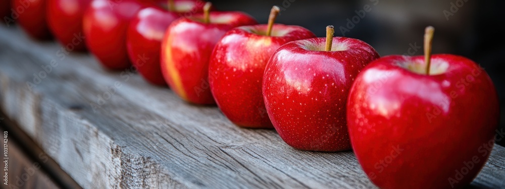 Poster shiny red apples lined up on a rustic wooden surface, creating a vibrant and inviting display of fre
