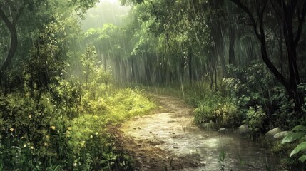 Fototapeta premium A serene forest path illuminated by soft sunlight and surrounded by lush greenery.
