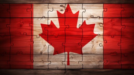Canada Flag Puzzle on Wooden Background. Happy Canada Day