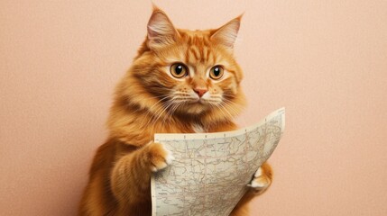 A curious orange cat holds a map, seemingly planning an adventure.