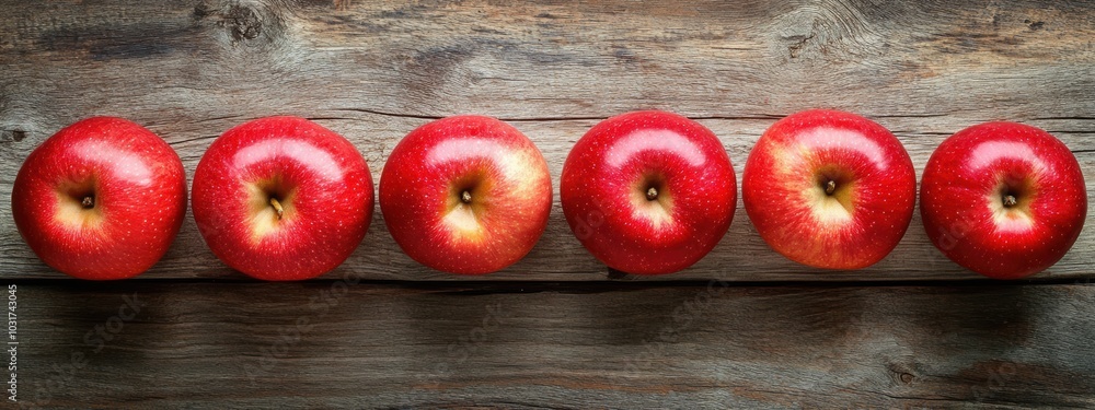 Poster shiny red apples arranged neatly on a rustic wooden surface, vibrant color and uniformity create a s