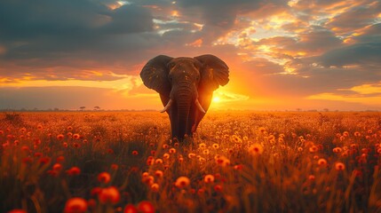 African elephant walking in a field of orange flowers at sunset with a dramatic sky.