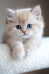  A small kitten with blue eyes sits on a cat tree, gazing curiously at the camera