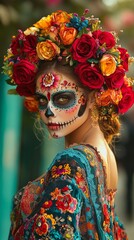 The vibrant celebration of Day of the Dead features a woman adorned with face paint and a colorful floral crown, honoring the cultural traditions with elegance and artistry in her clothing