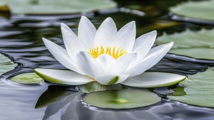 A single white water lily with a yellow center floats on the surface of a pond surrounded by green lily pads.