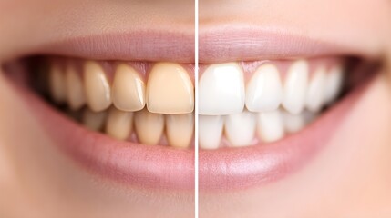 Side-by-side view of a smile, focusing on the transformation of teeth from yellowish to bright white after whitening, Photorealistic, Clean Design, Sharp Focus