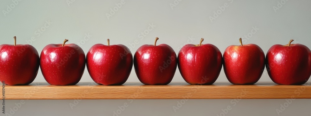 Poster shiny red apples lined up neatly on a rustic wooden surface, showcasing their vibrant color and smoo