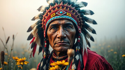 Fototapeta premium Elder in Traditional Headdress Among Vibrant Yellow Flowers