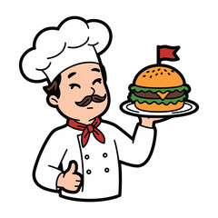Chef holding burger and giving thumbs up illustration
