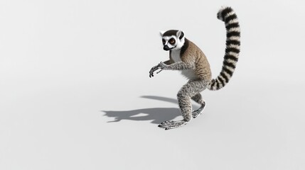 Obraz premium A ring-tailed lemur stands on a white background, looking to the side with its long tail curled behind it.