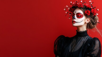 Embracing the tradition of Day of the Dead, a woman showcases detailed skull makeup and a floral crown, celebrating the cultural heritage in a striking red setting