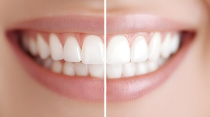 Side-by-side comparison of teeth before and after professional whitening, showing the dramatic difference in brightness from stained to brilliantly white