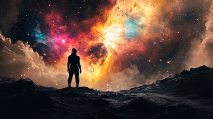 Obraz premium A silhouetted figure stands against a vibrant cosmic backdrop, evoking exploration and wonder.