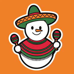 Snowman with sombrero and maracas festive illustration
