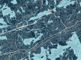 Painterly Style City Map of Wuppertal, Germany in a Blue Color Scheme.