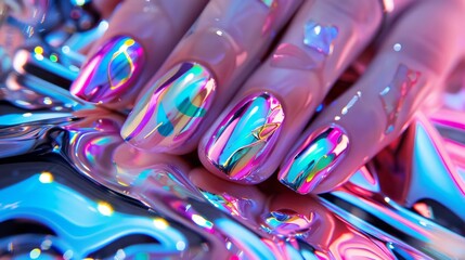 Futuristic Holographic Nail Art in Neon Light Setting