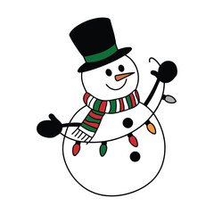 Snowman with Christmas lights and top hat vector illustration