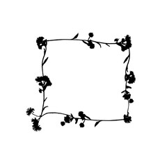 Black silhouette of flowers frame isolated on white background.