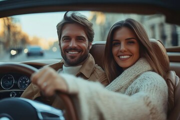 Obraz premium Front portrait of happy couple sitting in luxury car, man and woman enjoying road trip or buying new car, smiling at camera, windshield view, Generative AI