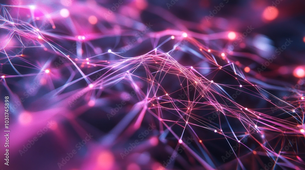Poster abstract network of glowing lines and dots on a dark background.