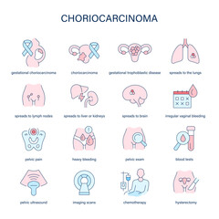 Choriocarcinoma symptoms, diagnostic and treatment vector icons. Medical icons.