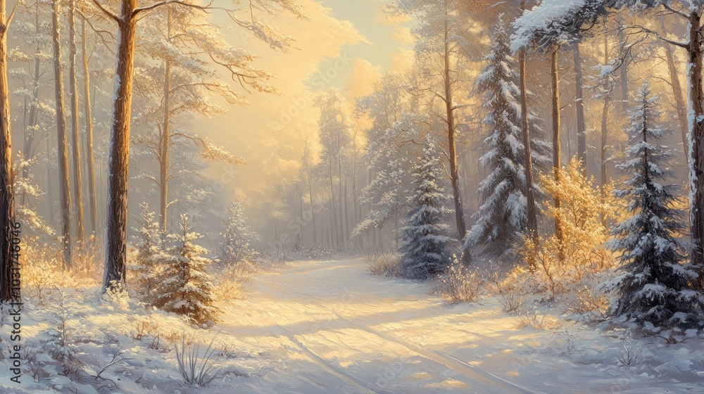 Poster A serene winter landscape with snow-covered trees and a peaceful path illuminated by sunlight.