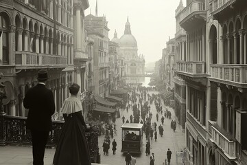 Fototapeta premium A bustling St. Marks Place in Venice during a historic moment filled with activity