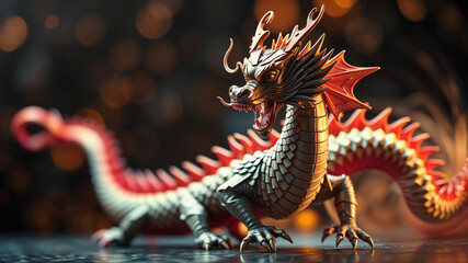 Obraz premium Vibrant Chinese Dragon Sculpture With Illuminated Background
