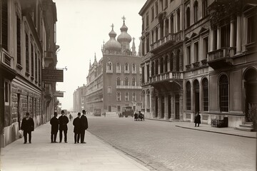 Obraz premium Historic style St. Marks Place in Venice bustling with activity during early 20th century chaos
