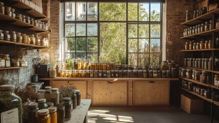 A rustic shop interior with shelves full of glass jars containing various herbs and spices, with a large window letting in natural light.