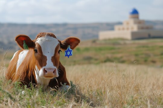 Cow resting in a field near the Israeli flag and the future site of the Third Temple in Israel